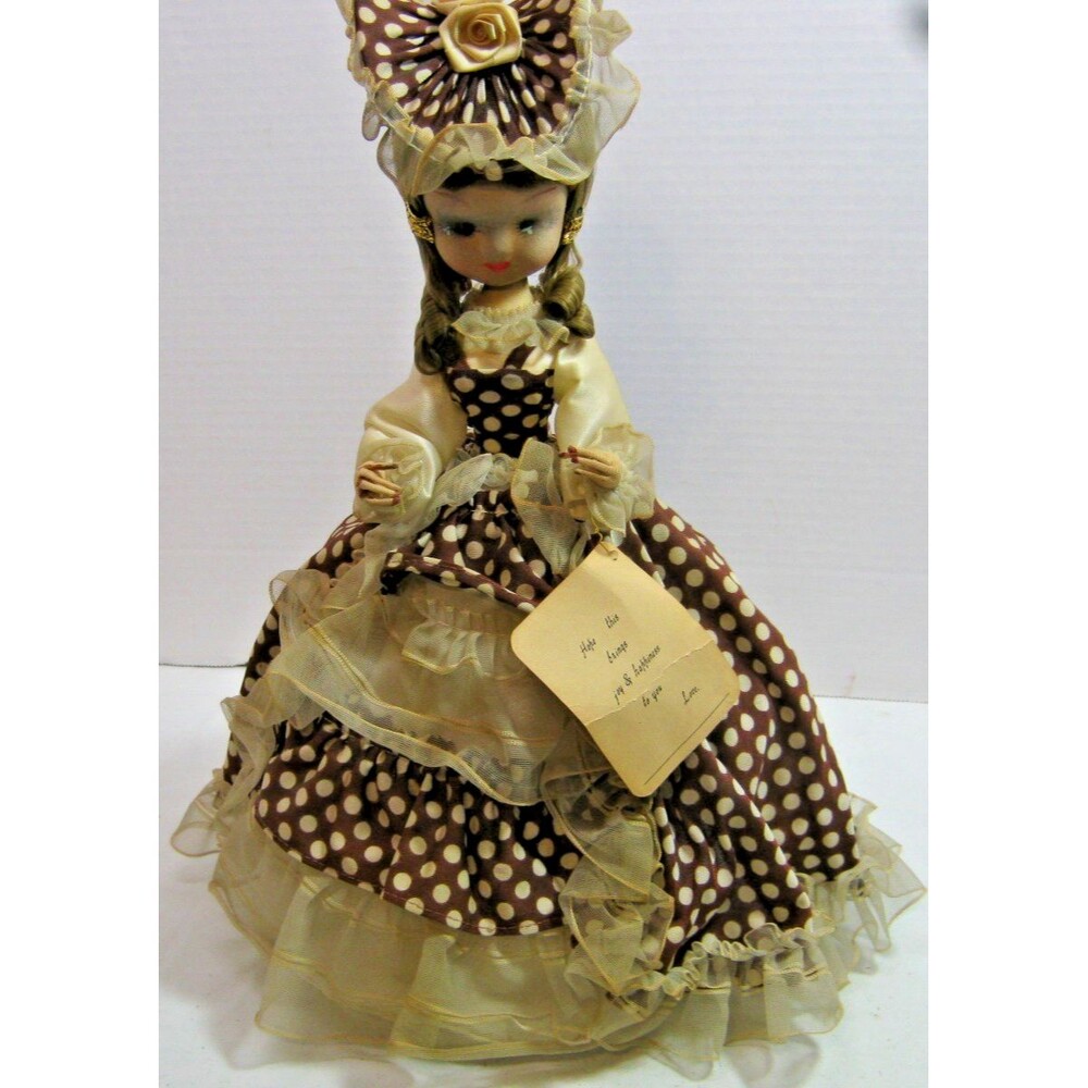 VNTG BRADLEY-COLLECTOR VICTORIAN DOLL-brown hair cream & brown lace hat